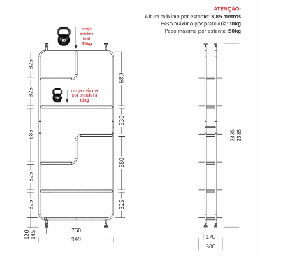 Estante Linha Pix - Larg. 0,95m × Prof. 0,30m × Alt. 2,38m