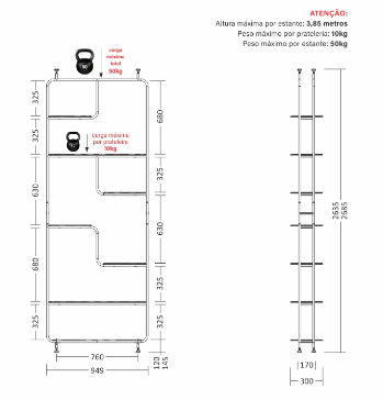 Estante Linha Pix - Larg. 0,95m × Prof. 0,30m × Alt. 2,68m