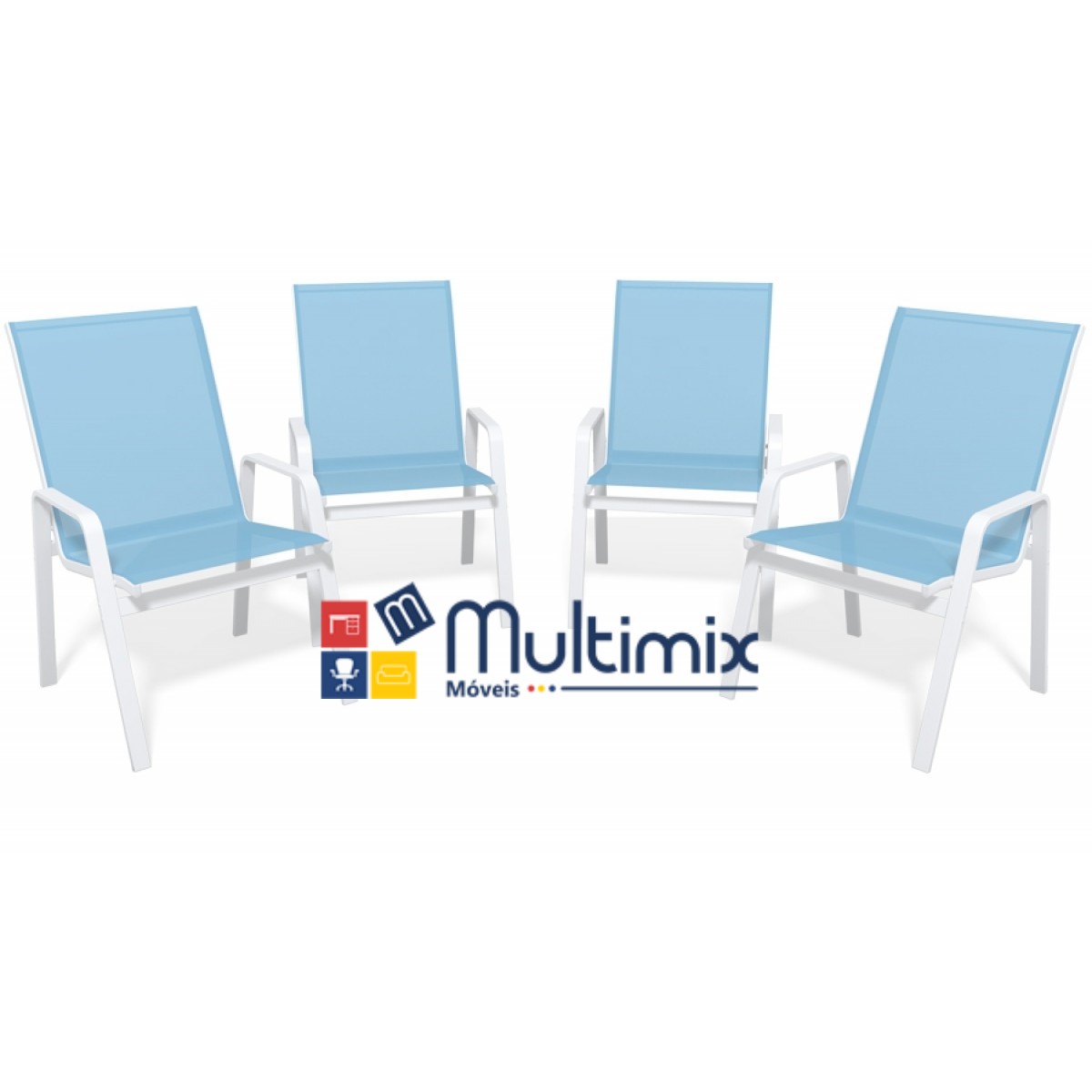 Kit Com 4 Cadeiras Para Piscina Summer - Alumínio Branco, Tela Sling Azul Claro | Empilhável