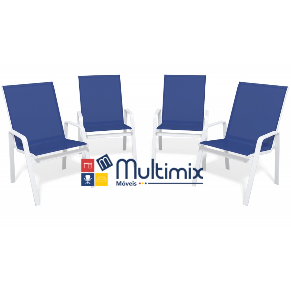 Kit Com 4 Cadeiras Para Piscina Summer - Alumínio Branco, Tela Sling Azul Escuro | Empilhável