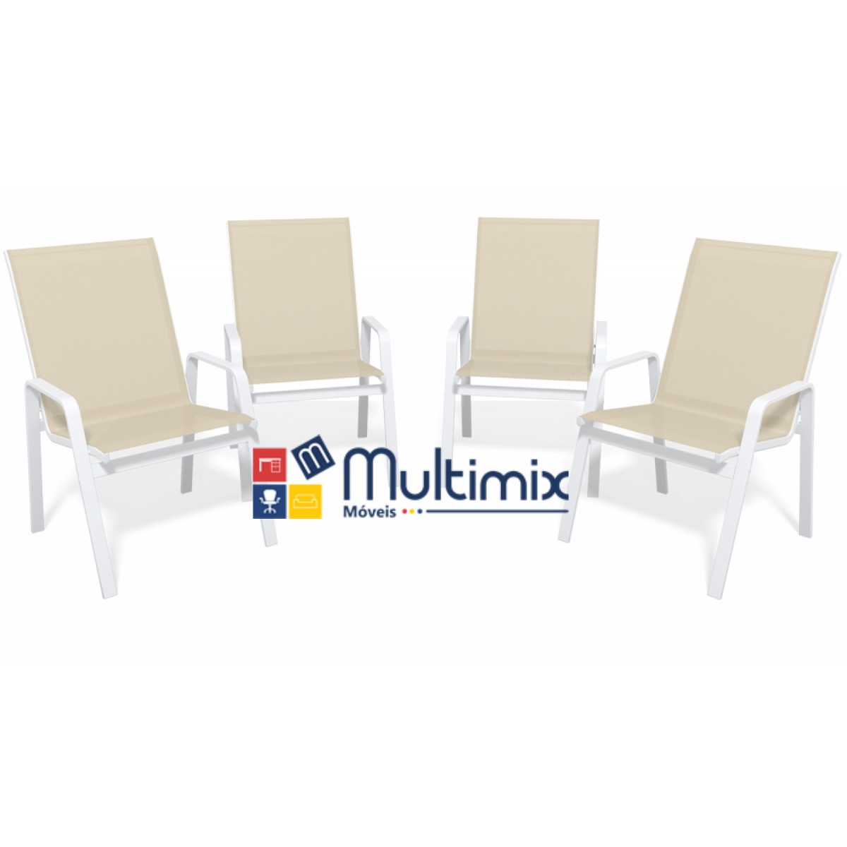 Kit Com 4 Cadeiras Para Piscina Summer - Alumínio Branco, Tela Sling Bege | Empilhável