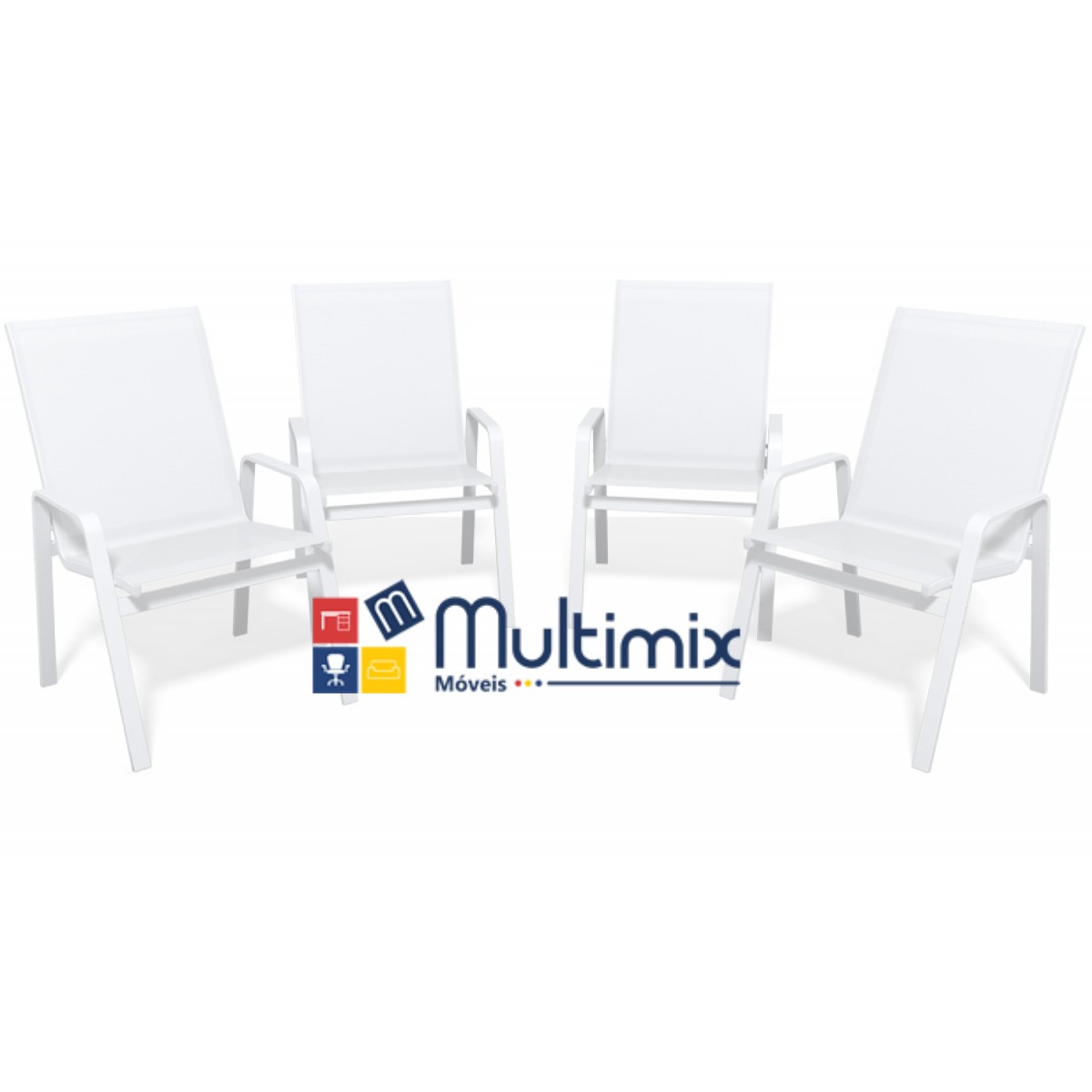 Kit Com 4 Cadeiras Para Piscina Summer - Alumínio Branco, Tela Sling Branco | Empilhável