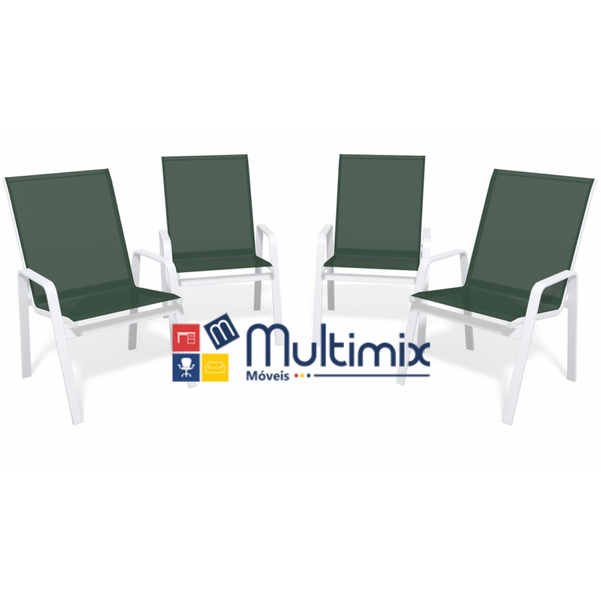 Kit Com 4 Cadeiras Para Piscina Summer - Alumínio Branco, Tela Sling Verde Escuro | Empilhável