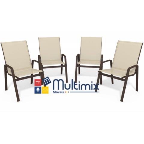 Kit Com 4 Cadeiras Para Piscina Summer - Alumínio Marrom, Tela Sling Bege | Empilhável