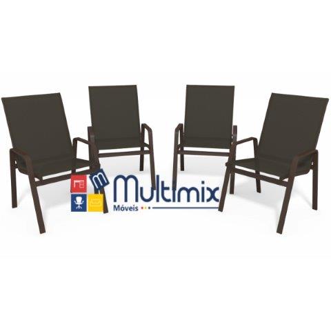 Kit Com 4 Cadeiras Para Piscina Summer - Alumínio Marrom, Tela Sling Marrom | Empilhável