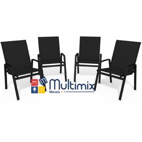 Kit Com 4 Cadeiras Para Piscina Summer - Alumínio Preto, Tela Sling Preta | Empilhável