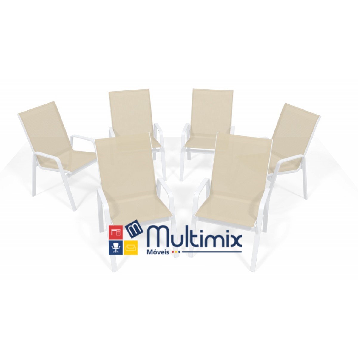 Kit 6 Com Cadeiras Para Piscina Summer - Alumínio Branco, Tela Sling Bege | Empilhável