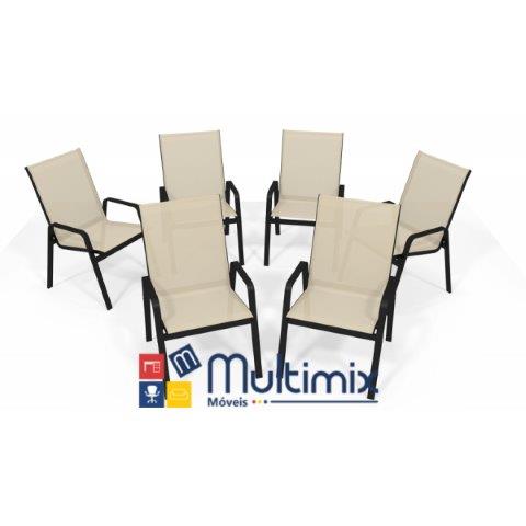 Kit Com 6 Cadeiras Para Piscina Summer - Alumínio Marrom, Tela Sling Bege | Empilhável