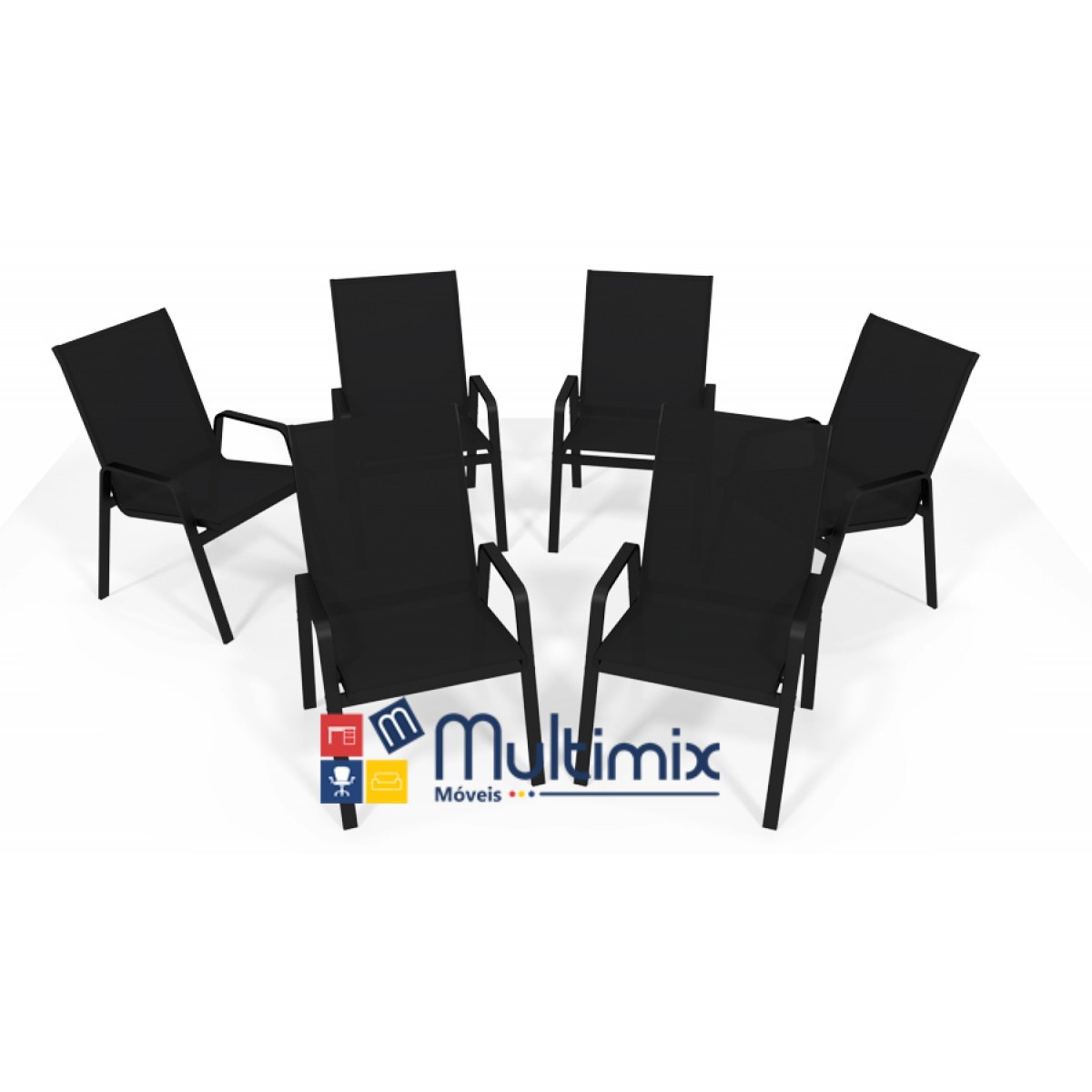 Kit Com 6 Cadeiras Para Piscina Summer - Alumínio Preto, Tela Sling Preta | Empilhável