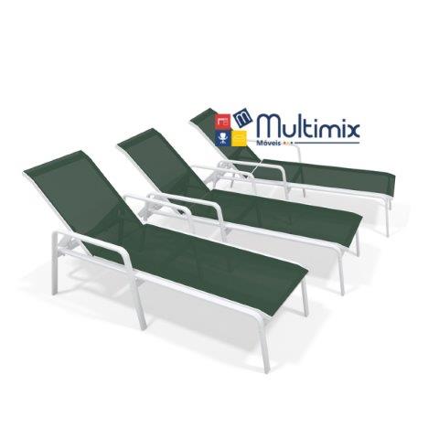 Kit com 3 Espreguiçadeiras para Piscina Summer - Alumínio Branco, Tela Sling Verde Escuro | Empilhável