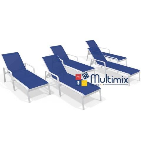 Kit Com 5 Espreguiçadeiras Para Piscina Summer - Alumínio Branco, Tela Sling Azul Escuro | Empilhável