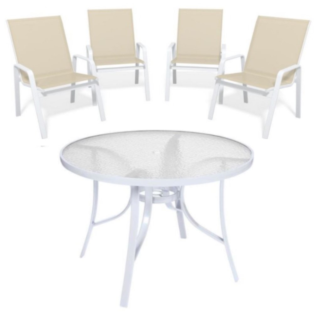 Conjunto Summer Alumínio Branco - Mesa Redonda ø 1,05m + 4 Cadeiras Tela Sling Bege - Pronta Entrega!
