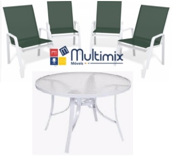 Conjunto Summer Alumínio - Mesa Redonda Branca ø 1,05m + 4 Cadeiras Tela Sling Verde Escuro - Menor Preço Do Brasil